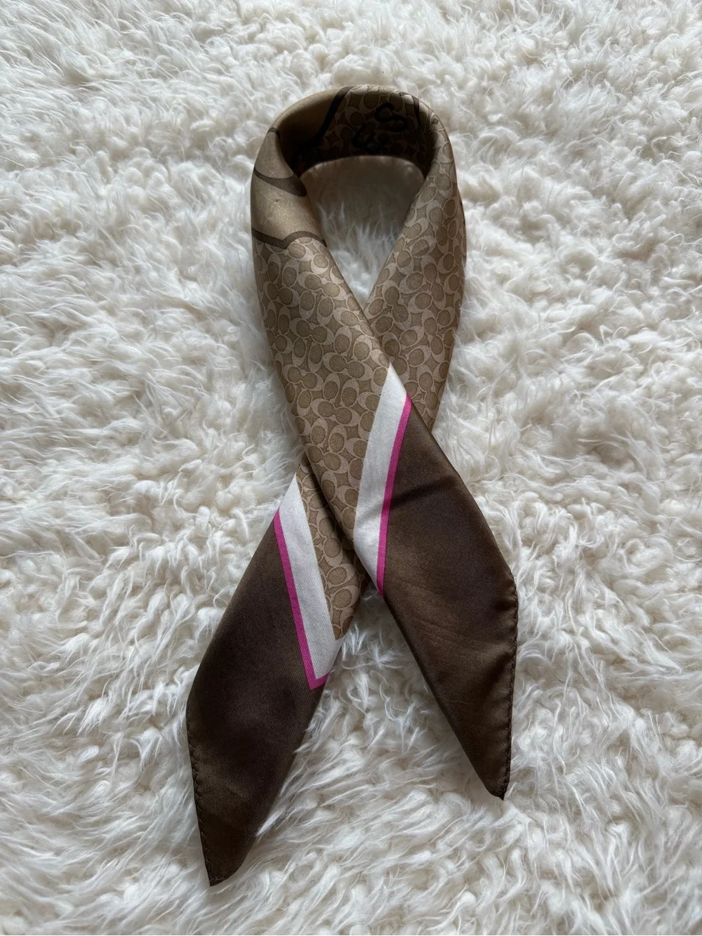 Coach Brown and Pink Logo Silk Square Scarf